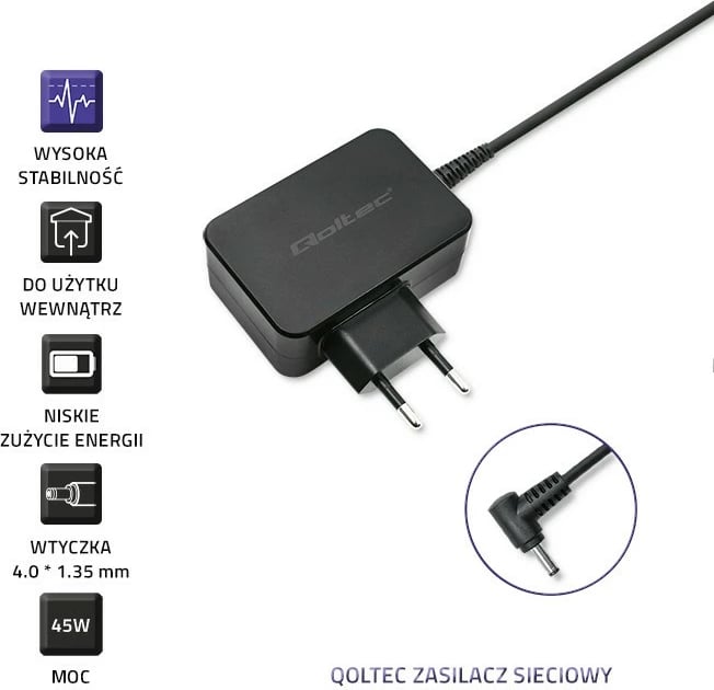 Adapter rryme Qoltec 52392 për Lenovo IdeaPad 100S-11IBY/IdeaTab MIIX 300-10IBY, 20W, 5V, 4A, 3.5x1.35 mm, zi