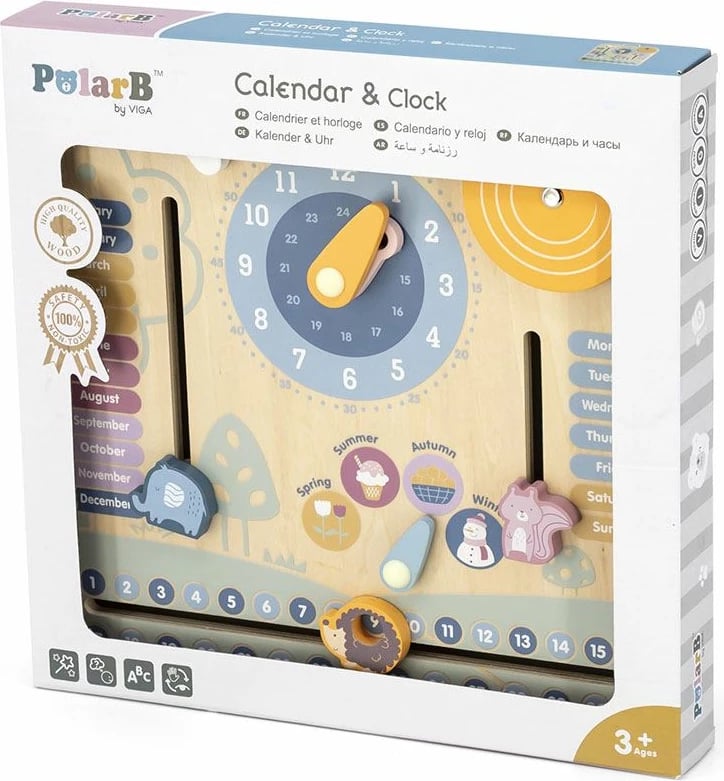 Lodër edukative kalendër druri me orë, Viga, PolarB, 29.5 x 29.5 x 3 cm, multingjyrësh