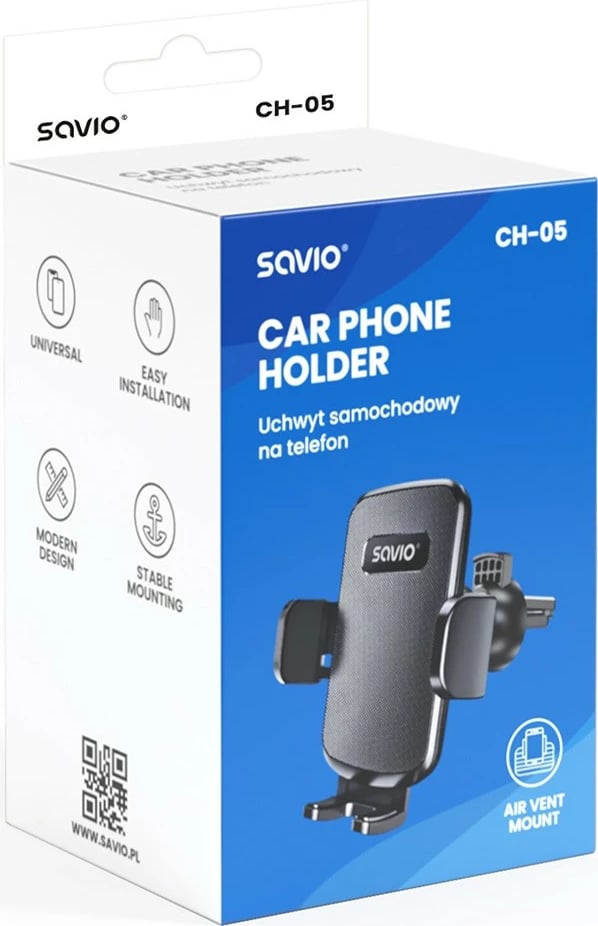 Mbajtës telefoni për veturë Savio CH-05, i zi