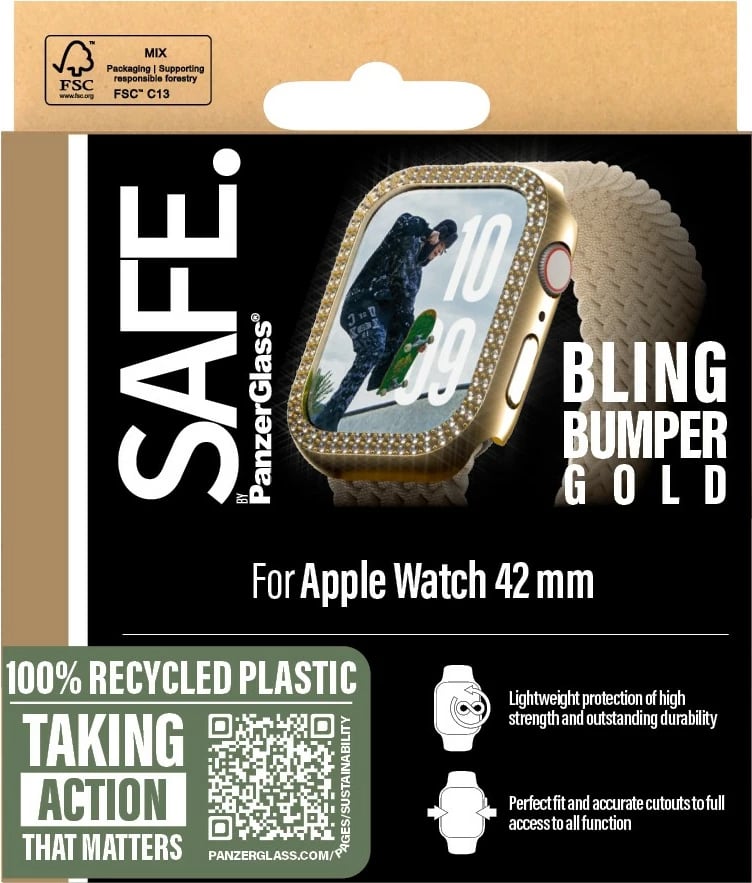 Mbështjellës PanzerGlass SAFE Bling Bumper për Apple Watch 10/42mm, transparent, gold