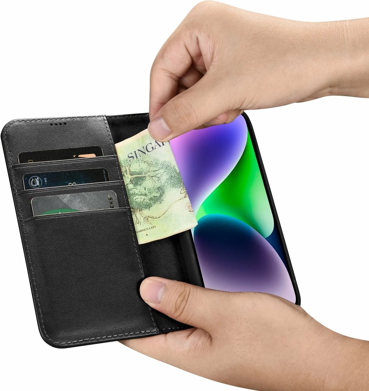 Mbështjellës iCarer Wallet Case 2in1 për iPhone 14 Plus, lëkurë natyrale, Anti-RFID, e zezë