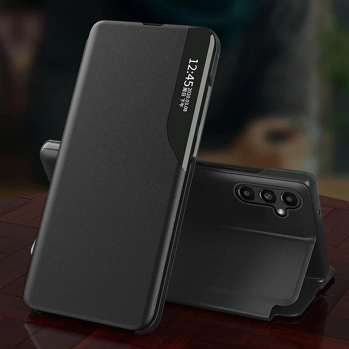Mbështjellës Hurtel Eco Leather View Case për Samsung Galaxy A14, me kapak dhe qëndrim, i zi