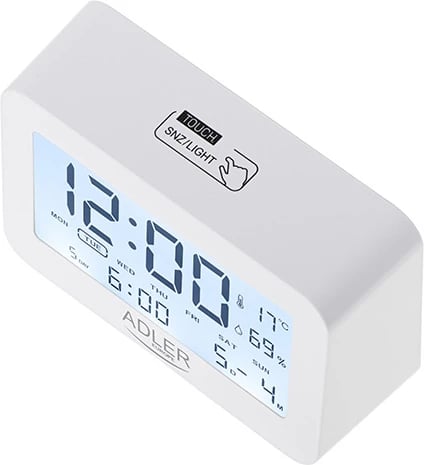 Alarm me bateri, Adler AD 1196, ekran LCD me ndriçim, 3 alarme, shfaqje temperaturë e lagështi, i bardhë