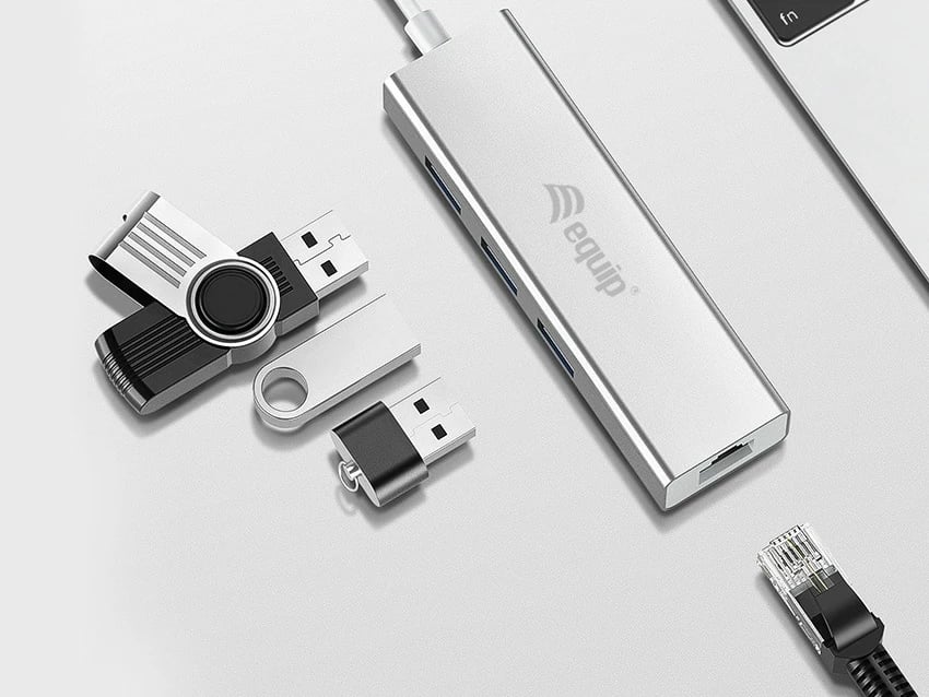 USB-C hub Equip 133481, 3 porte USB 3.0, Gigabit Ethernet, alumini, silver