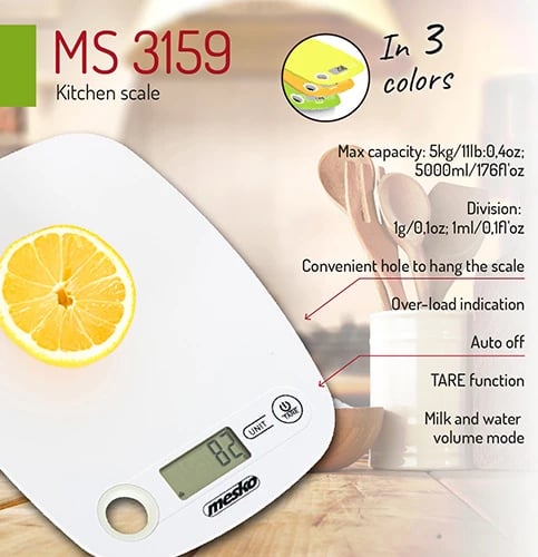 Peshore kuzhine Adler MS3159 5 kg/5000 ml, saktësi 1 g, ekran LCD, e bardhë