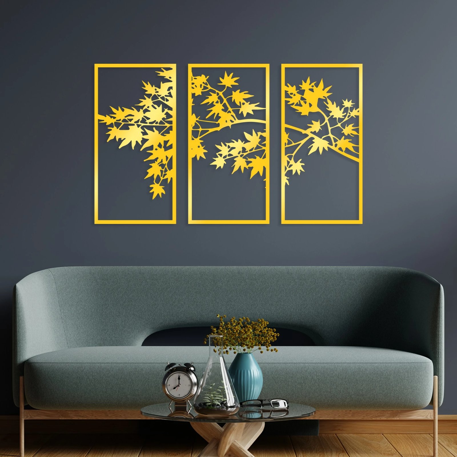 Aksesor dekorativ metalik për mur, Wallity, pemë të arta, 3 copë