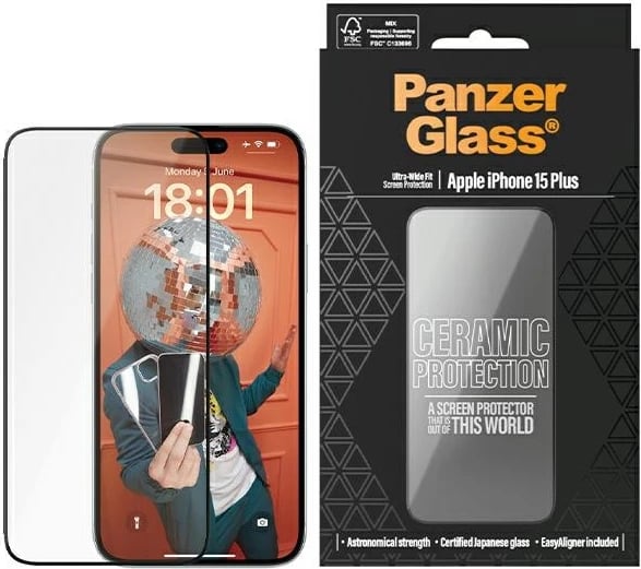 Mbrojtës ekrani qelq-keramik PanzerGlass për iPhone 15 Plus me kornizë pozicionimi