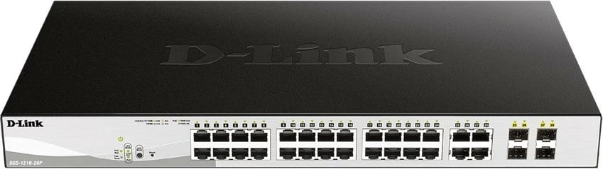 Switch D-Link DGS-1210-28P/E, 24 porta Gigabit PoE, 4 SFP, për rack, i zi