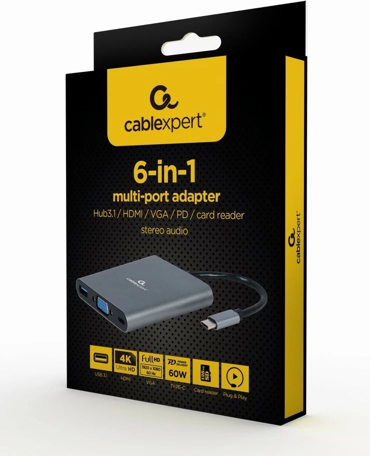 USB-C Hub Gembird A-CM-COMBO6-01, 6 në 1, HDMI, VGA, USB 3.0, Lexues kartelash, Gri