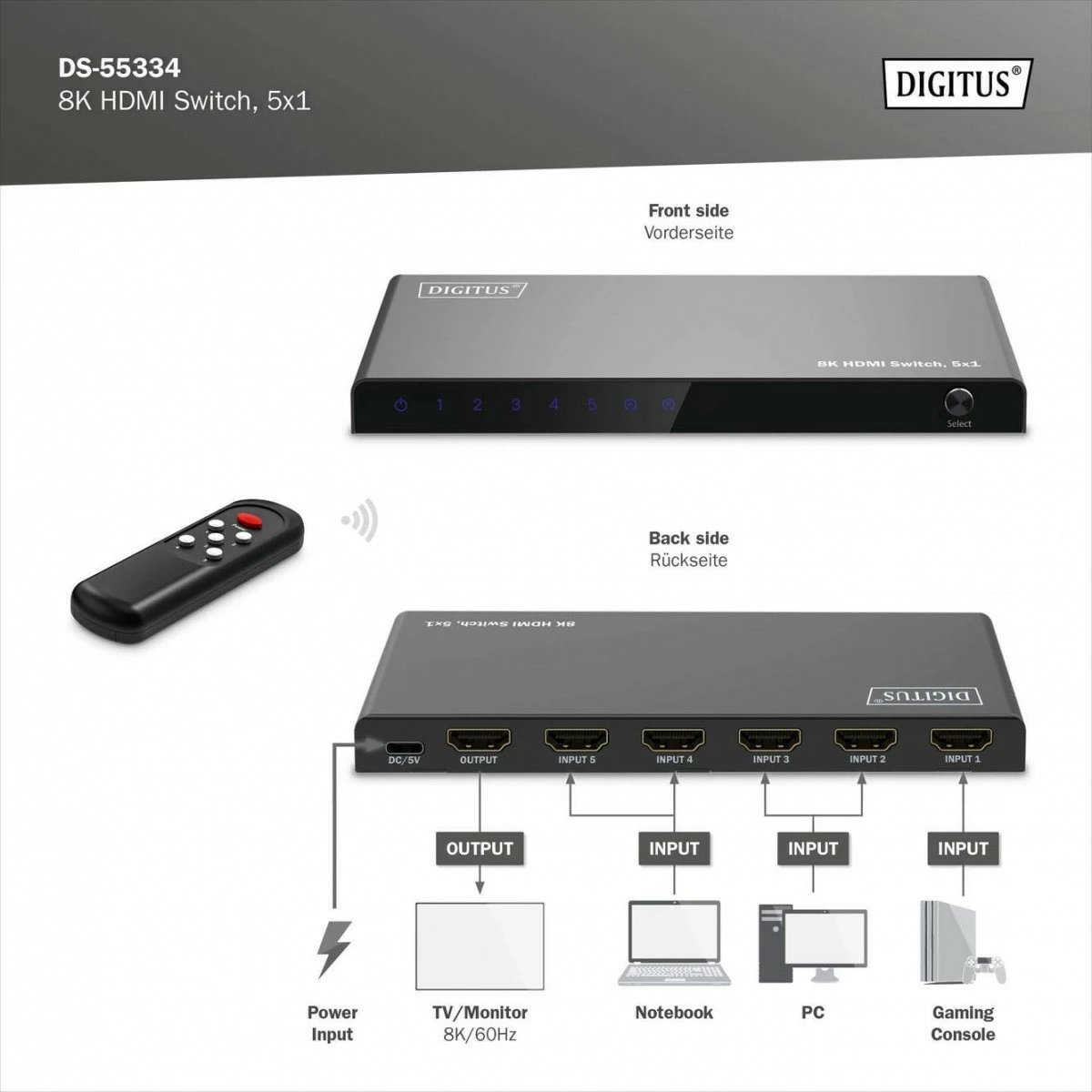 Switch HDMI Digitus DS-55334, 5x1, 8K/60Hz, me telekomandë, e zezë