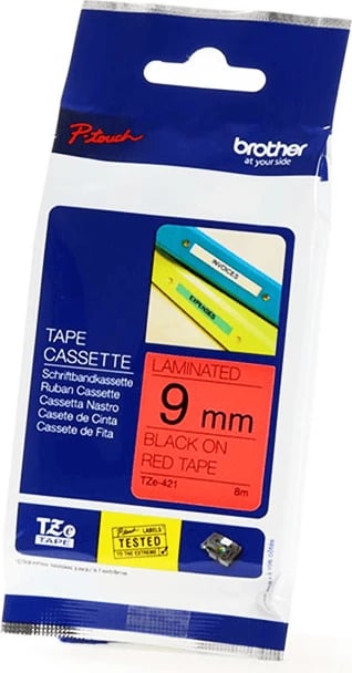 Kasetë etiketuese, Brother, TZE-421, 9 mm, e laminuar, e zezë mbi të kuqe