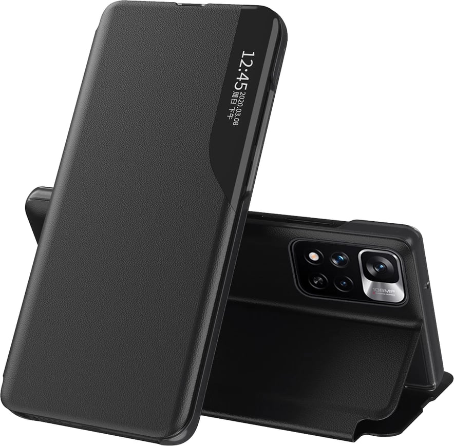 Mbështjellës Hurtel Eco Leather View Case për Poco M4 Pro 5G/Redmi Note 11S 5G/Note 11T 5G, me kapak, funksion stand, e zezë