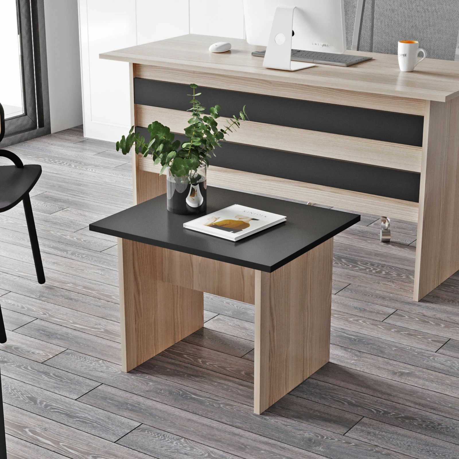 Set mobiljesh për zyre, ngjyrë lisi dhe e zezë, Skye Decor, Vo8-Ob