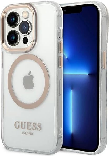 Mbështjellës Guess Metal Outline Magsafe për iPhone 14 Pro Max 6.7", Transparent/Gold