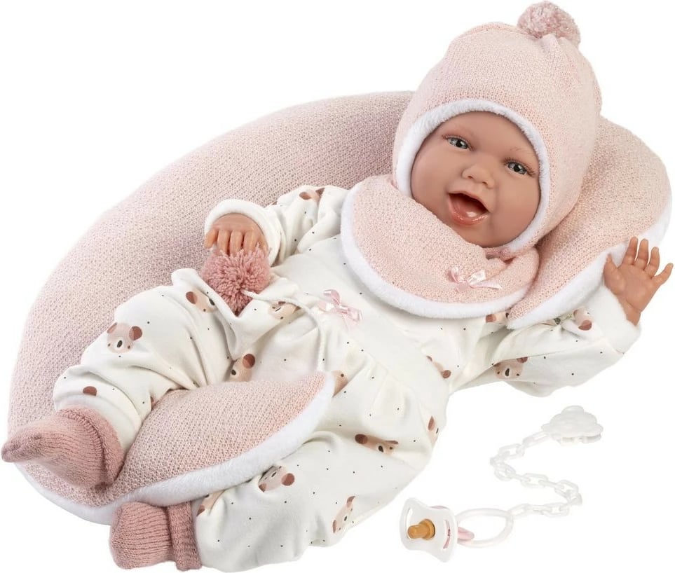 Kukull bebe Llorens Mimi 42 cm me jastëk kroasant, rozë