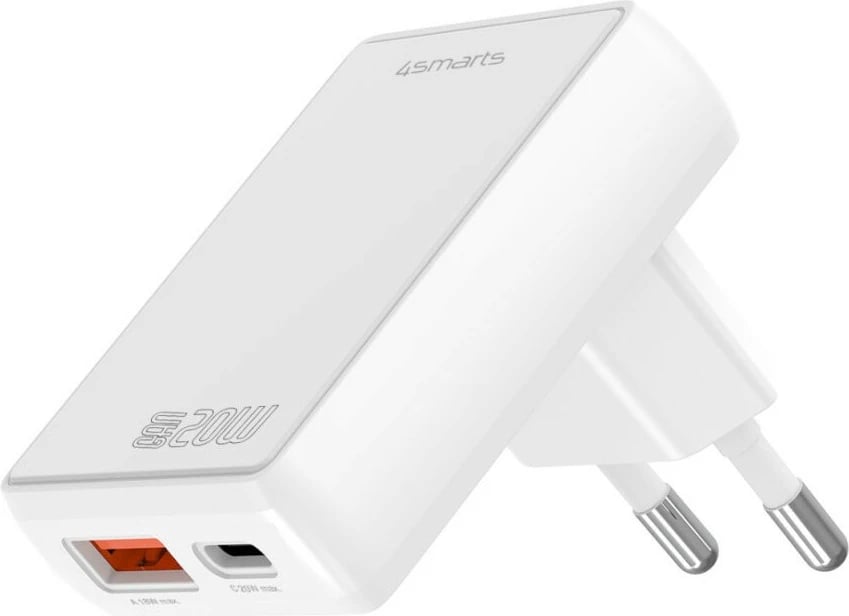 Karikues 4smarts FlatPlug Duos 20W GaN, 1x USB-C, 1x USB-A, i bardhë