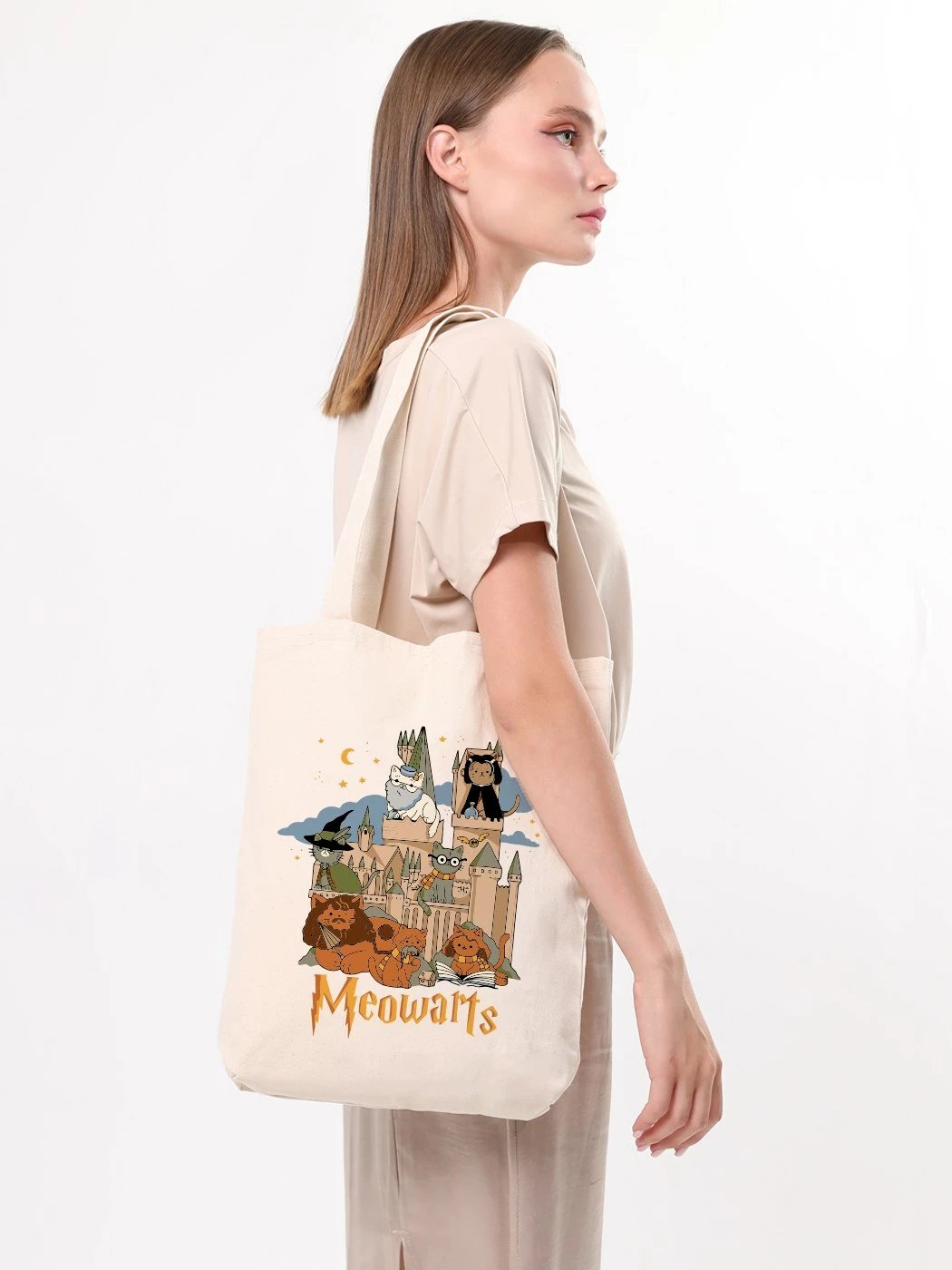 Çantë tote Zoozie Bags, Meowarts, krem, 35x40x8cm