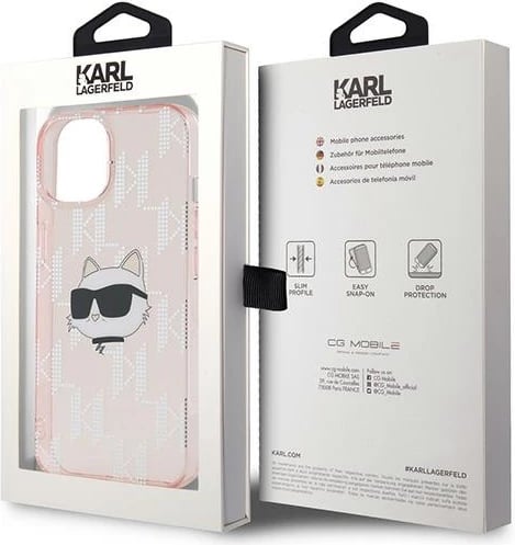 Mbështjellës Karl Lagerfeld IML Choupette Head & Monogram për iPhone 15/14/13, Rozë
