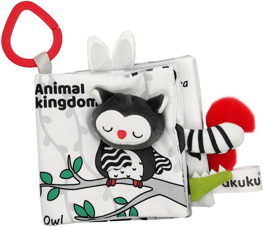 Libër sensorik kontrasti për bebe, Akuku Animals, 12 x 12 cm, me kapëse për karrocë/krevat, shumëngjyrësh