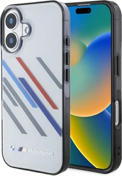 Mbështjellës BMW Motorsport IML Random Stripes për iPhone 16 Plus, Gri