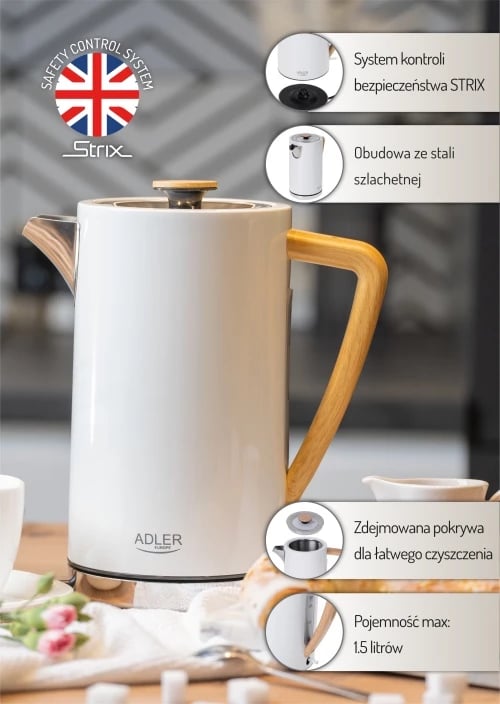 Zierëse uji, Adler, AD 1347, 1.7 L, 1850-2200 W, çelik inox, STRIX, e bardhë