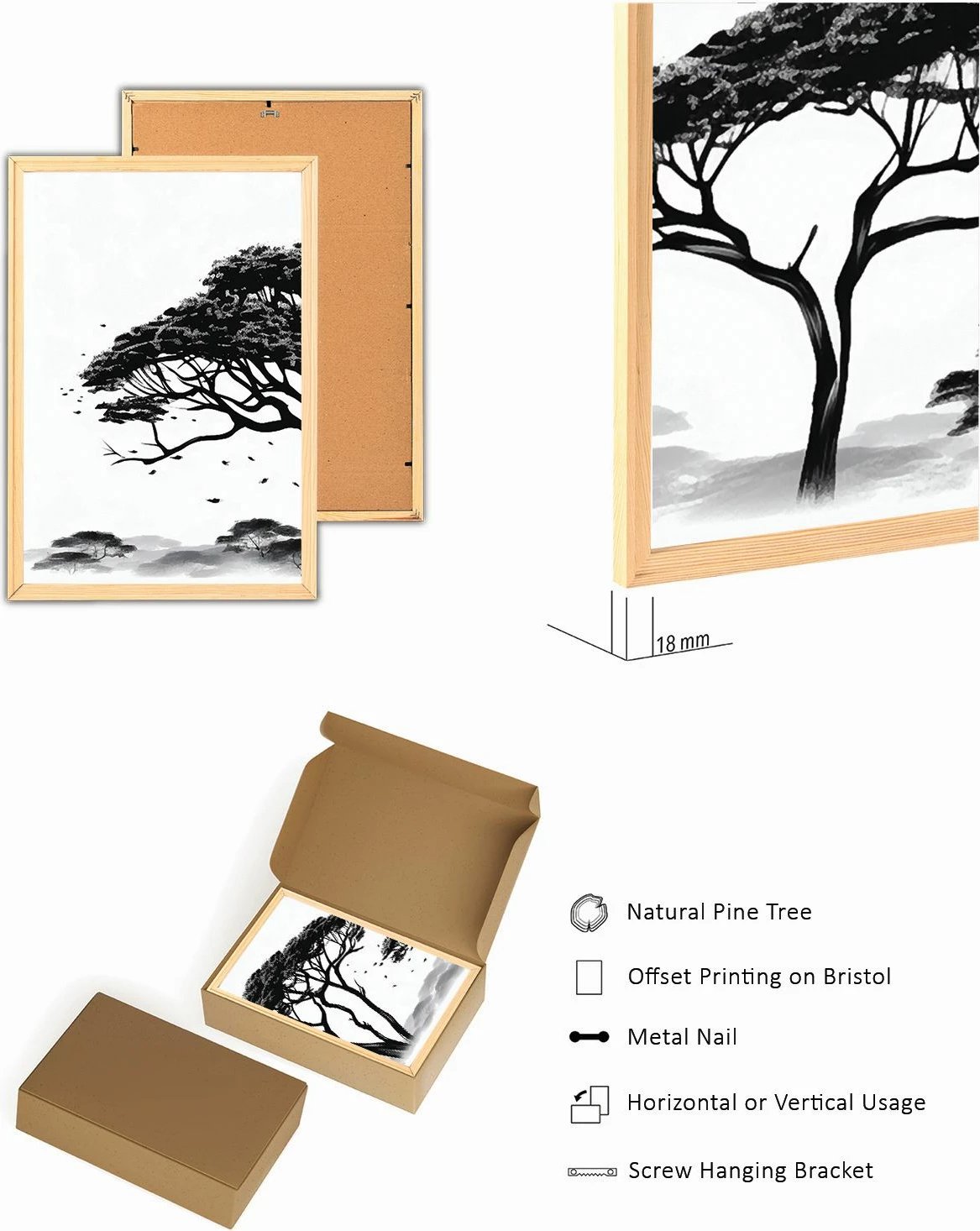 Pikturë dekorative me kornizë MDF, set prej 3 copash, Wallity, Myk3011-1