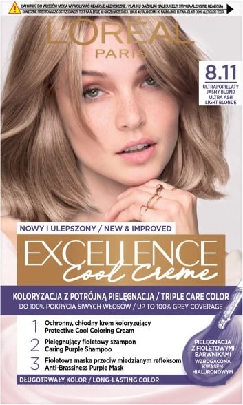 Ngjyrë për flokë për femra L'Oreal Paris Excellence Cool Creme 8.11 Ultrapopielaty Light Blonde, 1 copë