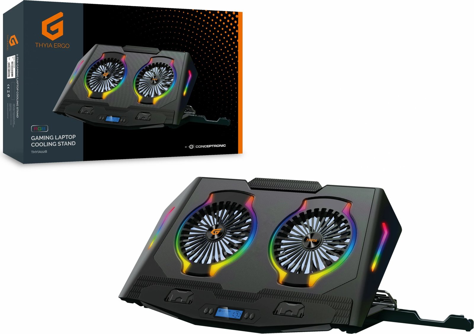 Pad ftohës Conceptronic 2-Fan, USB-A 2.0, RGB, 17 inç, i zi