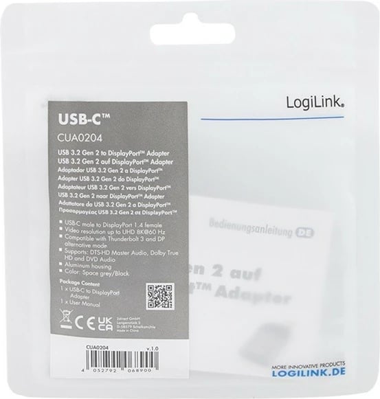 Adapter USB Type-C në DisplayPort LogiLink CUA0204, 8K, zi/gri