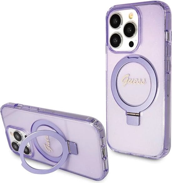 Mbështjellës Guess Ring Stand Script Glitter MagSafe për iPhone 14 Pro, vjollcë