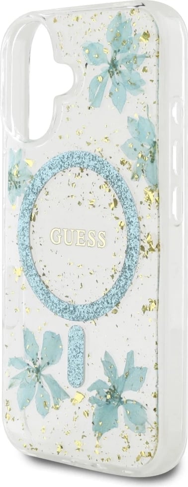 Mbështjellës Guess Resin Flowers Glitter MagSafe për iPhone 16, Transparent, Gjelbër