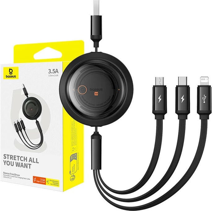 Kabllo karikimi 3-në-1 Baseus Free2Draw, USB në micro USB + USB-C + Lightning, 1.1m, e zezë