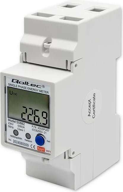 Matës energjie njëfazësh Qoltec 50882, LCD, Wi-Fi, i bardhë