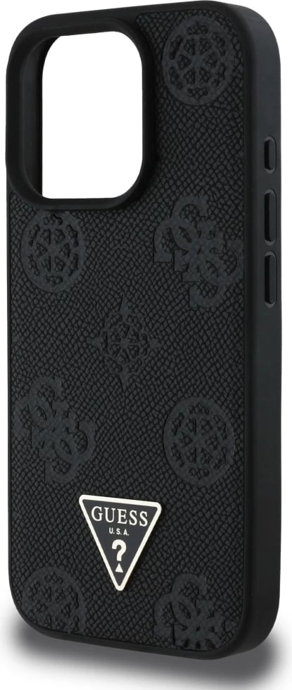 Mbështjellës Guess Grained Hot Stamp Peony Triangle Logo MagSafe për iPhone 16 Pro, Zi