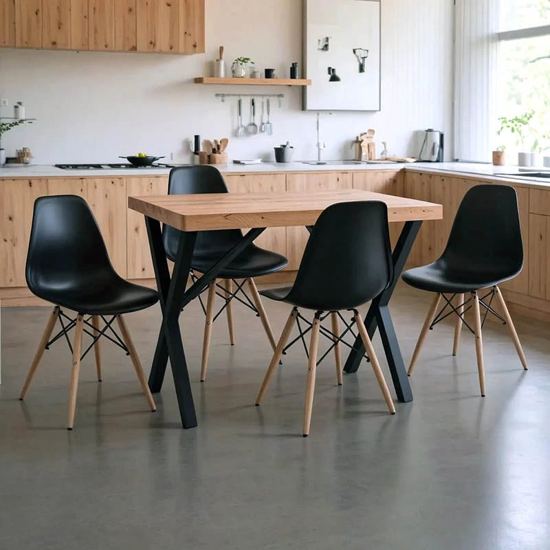 Tavolinë me karrige Julita, ngjyrë e zezë dhe tavolinë Zeryin, ngjyrë lisi, 110x70x75cm, set 5 copë