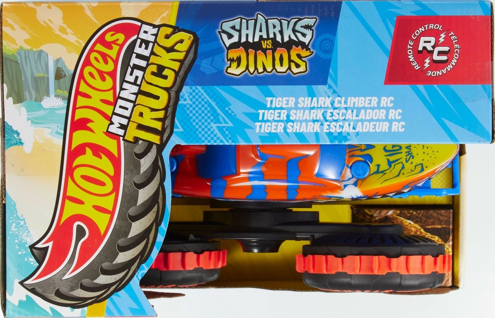 Makine me telekomandë RC, Hot Wheels Tiger Shark Climber JFR39, shkallë 1:15, bateri e integruar, blu/portokalli