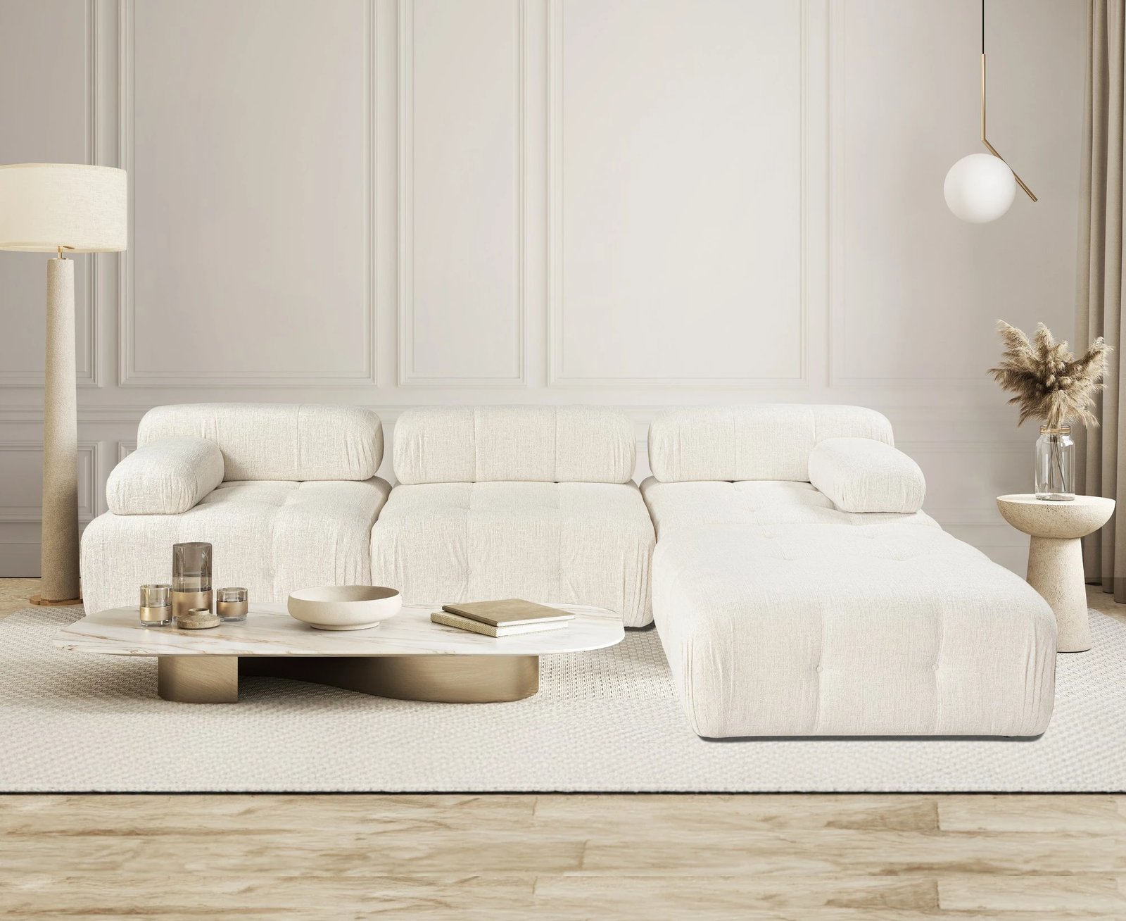 Kënd-sofë Doblo 3 vendëshe me pouffe, krem, Atelier del Sofa