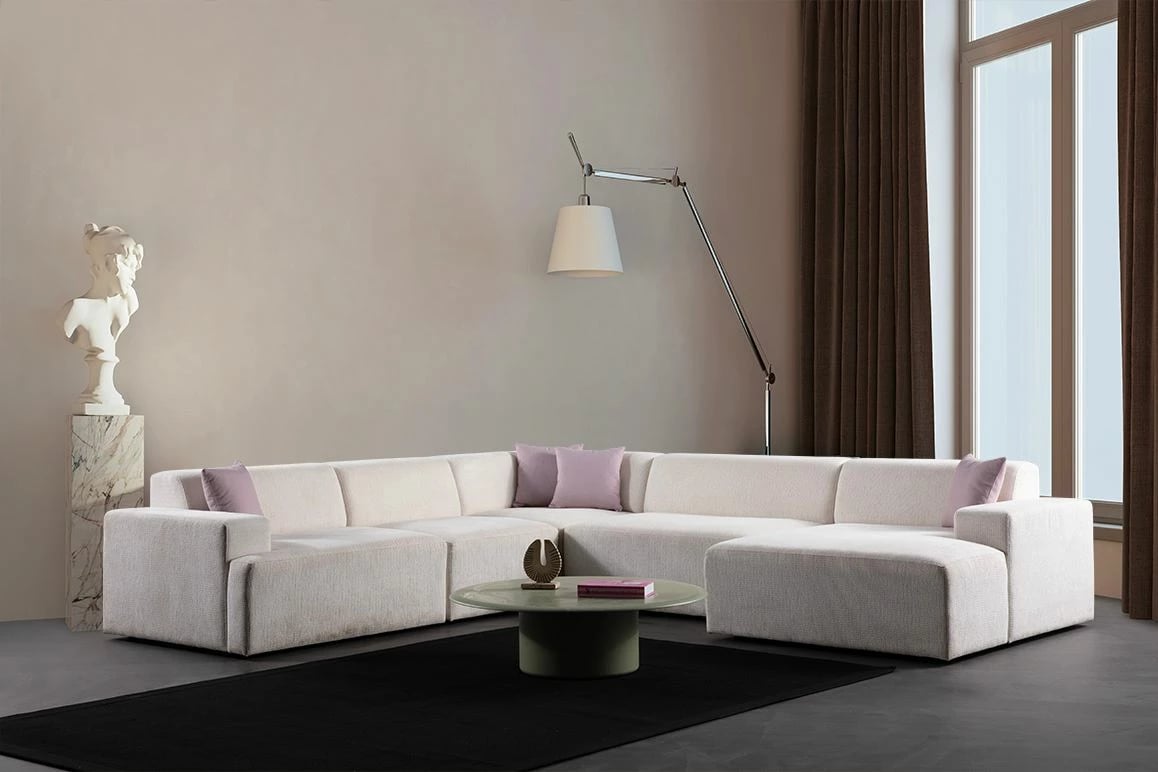 Kënd-sofë Melva, e bardhë, Atelier del Sofa (L1,5 + O1 + C + O2 + Chl Djathtas + Stol)