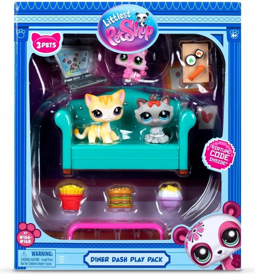Set figurina, Littlest Pet Shop, LPS00636 Diner Dash Play Pack Snack Time, 3 kafshë + 7 aksesorë, me kod virtual