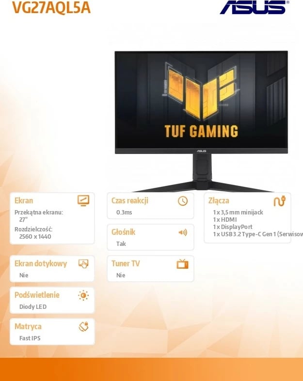 Monitor Asus VG27AQL5A, 27", 2560x1440, Fast IPS, 0.3ms, 210Hz, i zi