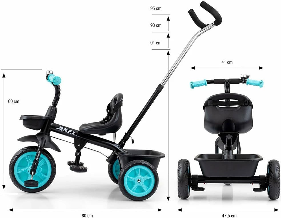 Tricikël fëmijësh me guidë, Milly Mally Axel, kornizë çeliku, rrota EVA, pedale me bllokim, 1-3 vjeç, e zezë