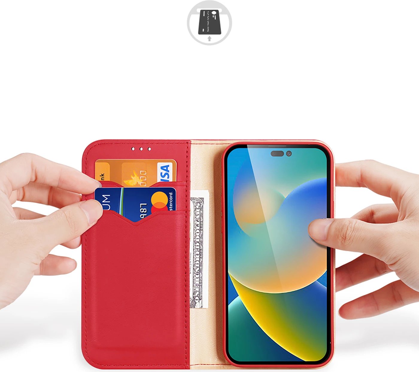 Mbështjellës Dux Ducis Hivo për iPhone 14 Pro Max, lëkurë natyrale, portofol, e kuqe Mbështjellës Dux Ducis Hivo për iPhone 14 Pro Max, lëkurë natyrale, portofol, e kuqe