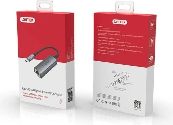 Adapter USB-C në RJ45 Unitek U1312A, 1000 Mbps, Gri