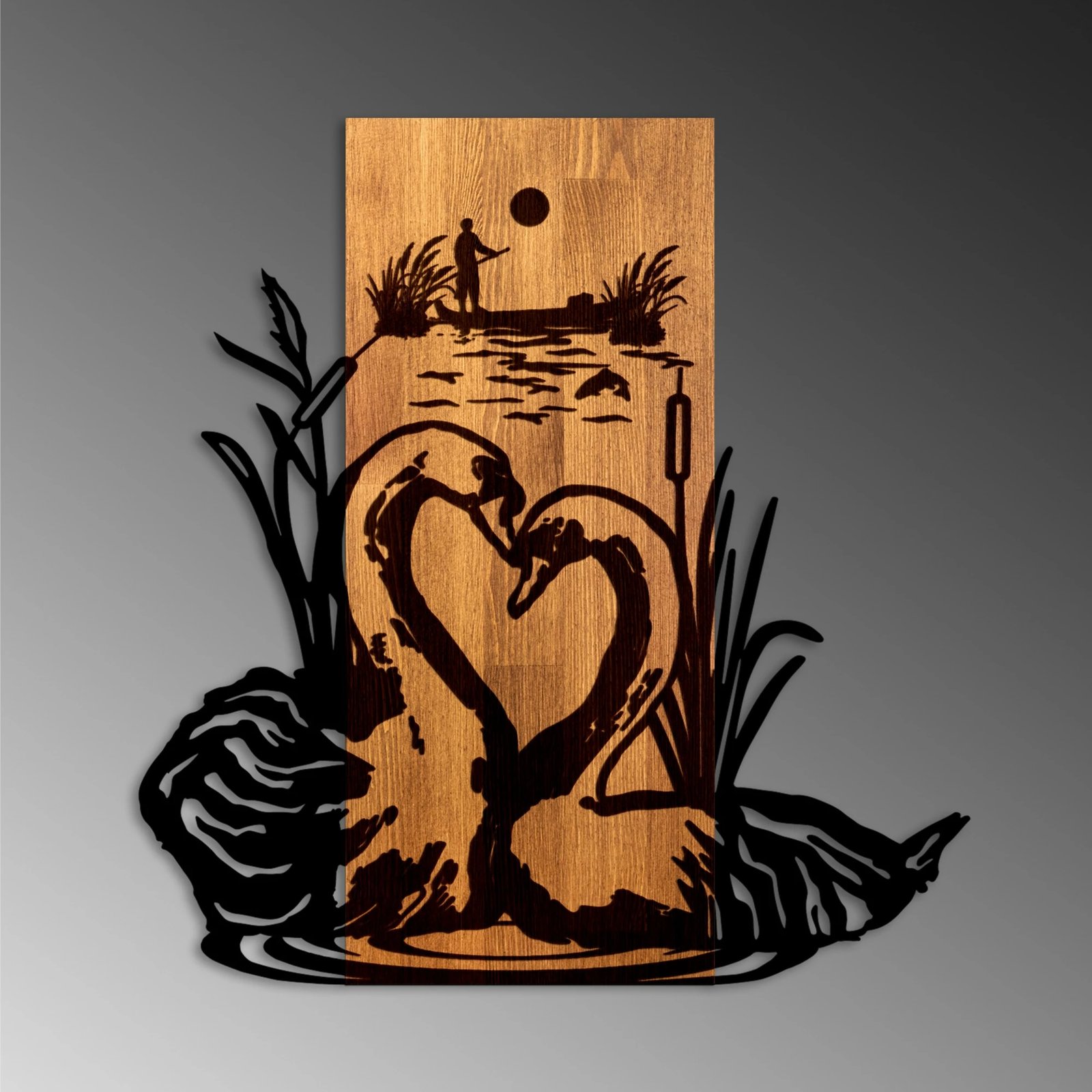 Aksesor dekorativ për mur, druri dhe metal, Swan Lake, ngjyrë arre dhe e zezë