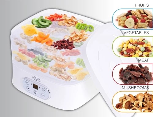 Dehidratues ushqimi, Adler AD 6658, 5 tabaka, temperaturë 35–70°C, timer 1–70 orë, 550W, LCD, i bardhë