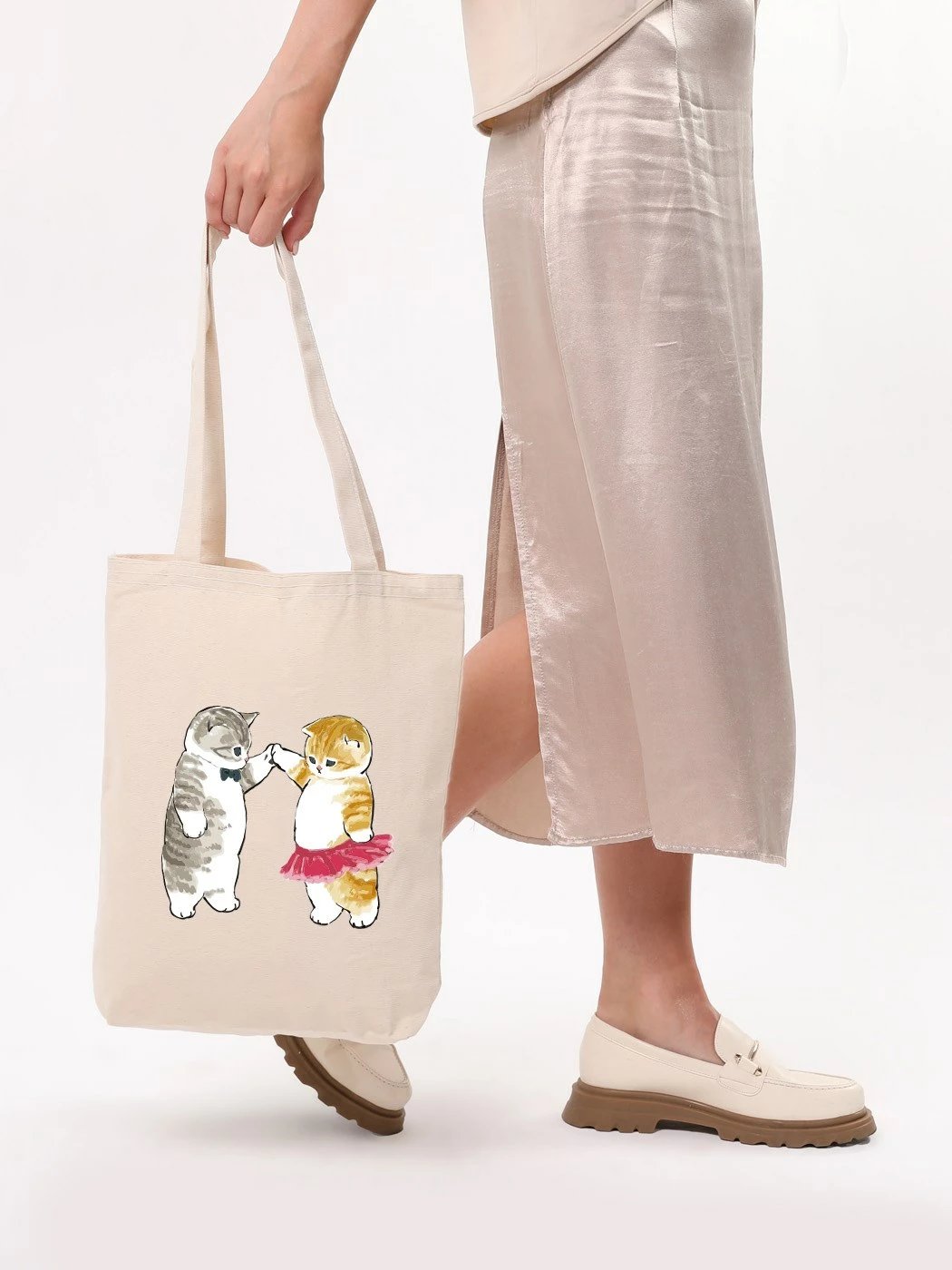 Torbë tote Zoozie Bags, krem, 35x40x8cm, me mace të vizatuara