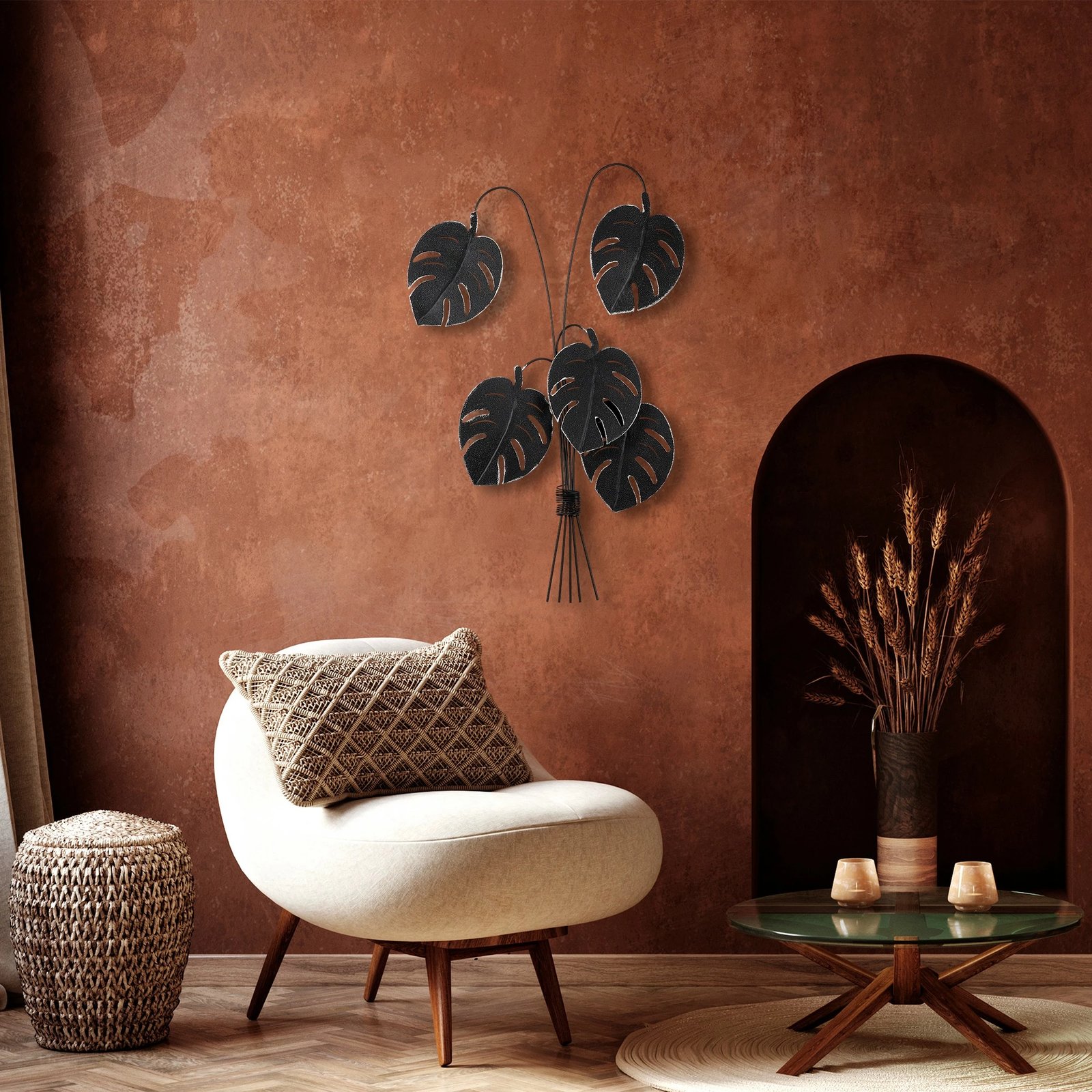 Aksesor muri dekorativ prej metali, Monstera, ngjyrë e zezë