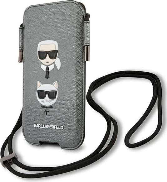 Mbështjellës telefoni Karl Lagerfeld Saffiano Ikonik Karl&Choupette Head, 6.7", Gri