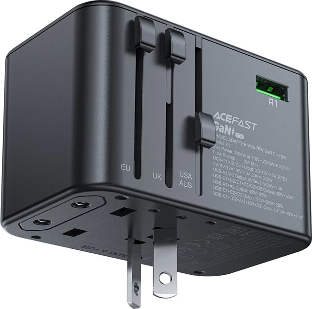 Karikues udhëtimi Acefast Z1 GaN, 75W, 3x USB-C, 2x USB-A, i zi