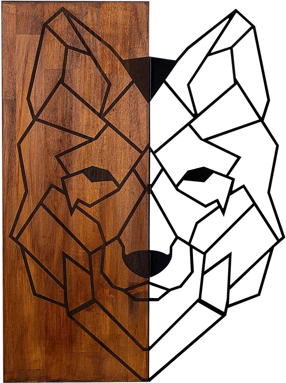 Aksesor dekorativ për mur, dru dhe metal, motiv ujku, Wallity, ngjyrë arre dhe e zezë, 45.5x58cm